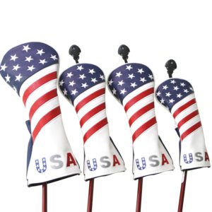 golf head covers, for fairway woods driver hybrid 1 3 5 ut gloof golf club head covers usa stars and stripes with interchangeable id tags leather 3 wood driver headcovers