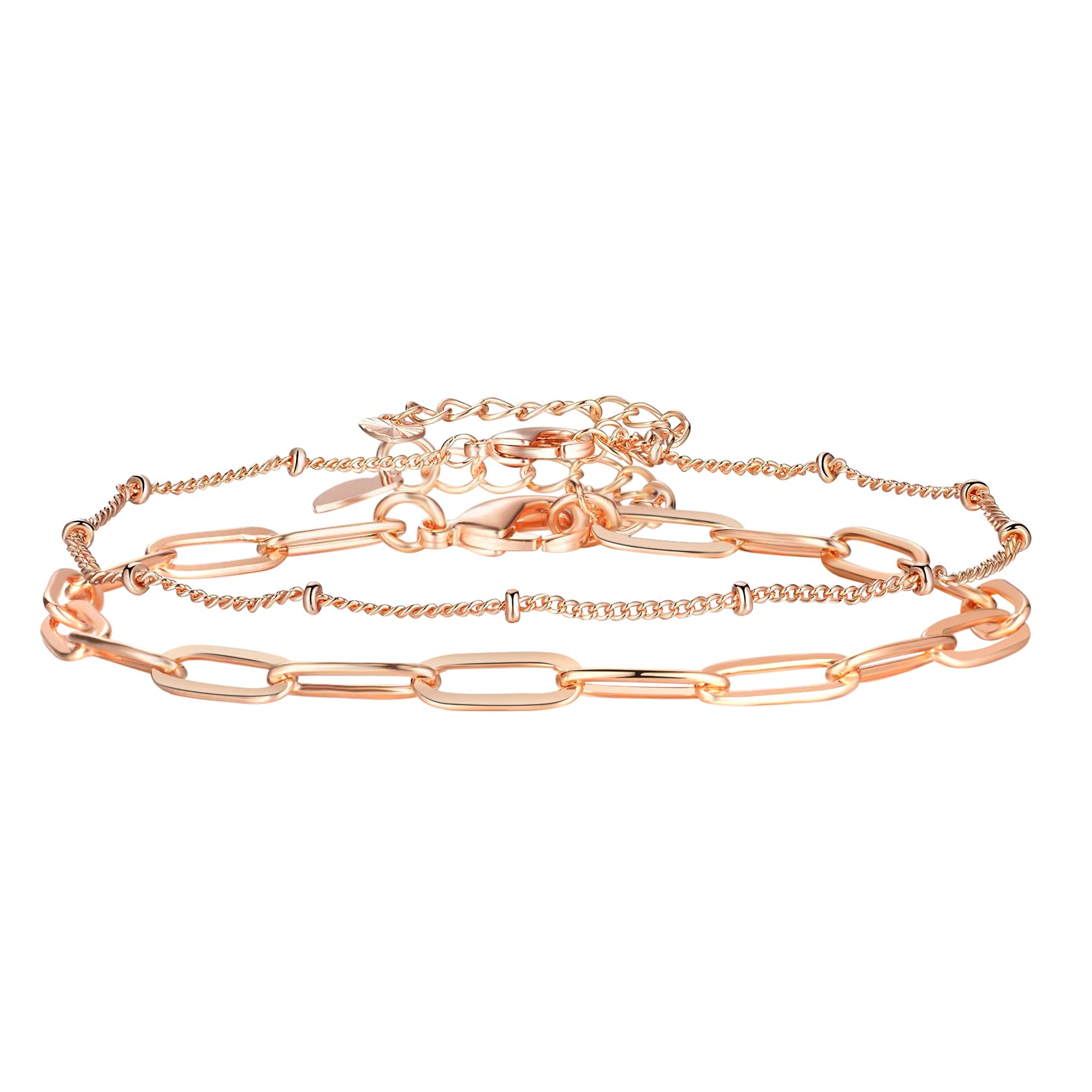 14K Rose Gold Plated Dainty Bracelet Layered Fashion Paperclip Link Bracelets for Women Girls Men(Rose Gold)