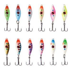 bassdash ice fishing lure kit glowing paint jigs for winter ice jigging crappie sunfish perch walleye pike with tackle box (bi06-12pcs assorted perch/walleye/pike jigs)