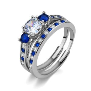 mashan adjustable size women wedding ring sets 10k gold plated 925 sterling silver 1.5ct aaaaa cz three stone engagement ring blue cz wedding band