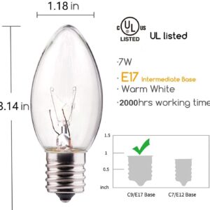 Pallerina 25 Pack C9 Clear Incandescent Bulbs, C9 Christmas Light Bulbs Replacement Light Bulb, 7 Watt Night Light Bulbs C9/E17 Intermediate Base, Candle Light Bulbs