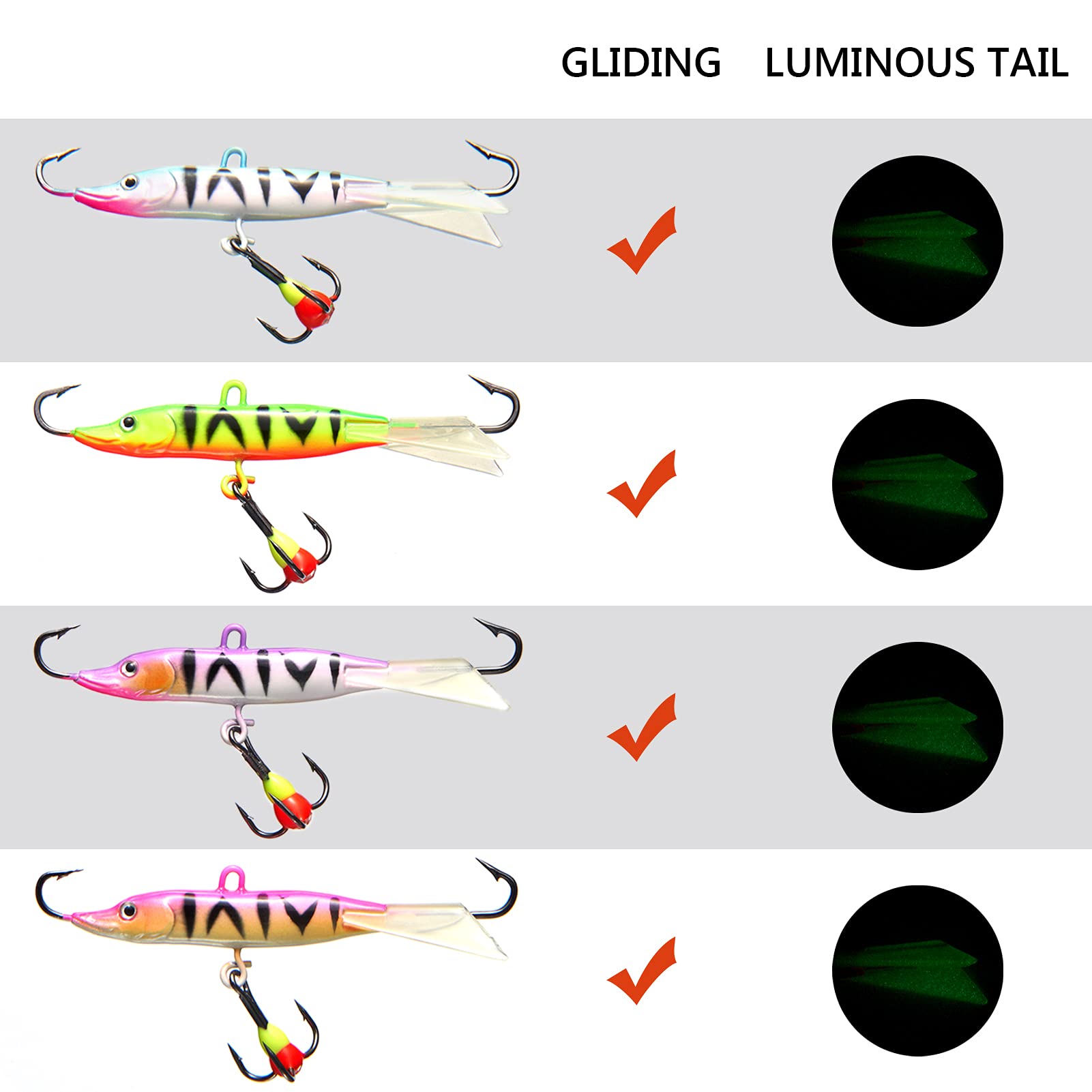 BASSDASH Ice Fishing Lures with Glide Tail Wings Winter Ice Jigging Fishing Jigs for Bass Perch Walleye Pike