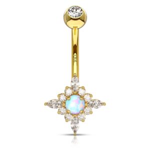 COCHARM 14k Gold Star Belly Rings 14g Diamond and Opal Solid Gold Belly Button Ring Barbell for Women