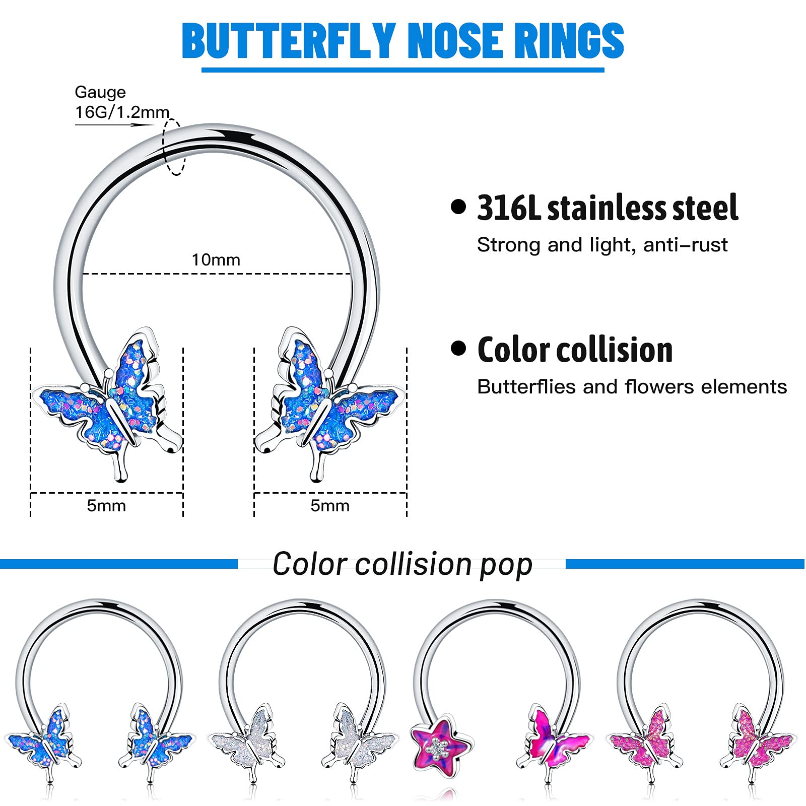 Hicarer 4 Pieces Septum Ring Horseshoe Hoop Ring 16g Butterfly Nose Rings Earring Cartilage Earring Hoop Captive Bead Rings Tragus Daith Helix Piercing Body Jewelry for Women Man