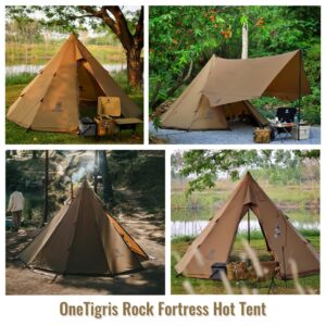 OneTigris Rock Fortress Hot Tent with Stove Jack, 4~6 Person, 4 Season Tipi Tent for Family Camping Backpacking Hunting Fishing Waterproof Wind-Proof.