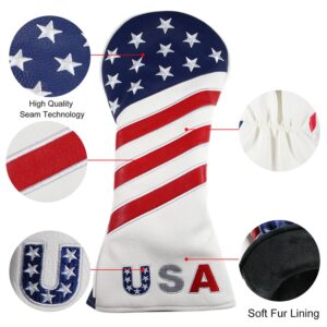 Golf Head Covers, for Fairway Woods Driver Hybrid 1 3 5 UT GLOOF Golf Club Head Covers USA Stars and Stripes with Interchangeable ID Tags Leather 3 Wood Driver Headcovers