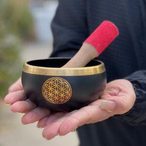 Tibetan Flower Of Life Singing Bowl Mallet Cushion Set ~ For Meditation, Yoga, Spiritual Healing and Mindfulness ~ Medium (Black)