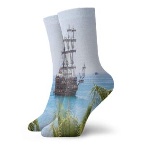 Pirate Funny Compression Socks Women and Men,Sailing Yacht In Clear Blue Sea Palm Trees Sunny Summer Day Exploration,Best for Circulation,Running,Athletic,Nurse,Travel,Brown Pale Blue Green -12 inch