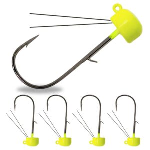 reaction tackle tungsten mushroom head ned rig shroom jig heads for finesse fishing, weedless jig head for bass fishing with soft lures (5-pack) 1/5oz chartreuse weedless