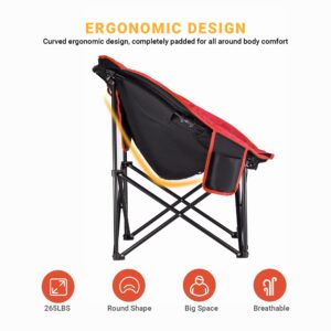 KingCamp Foldable Saucer Moon Lounge Chair with Cupholder Storage Pocket for Indoor Home or Outdoor Camping and Tailgating Use, Black/Red