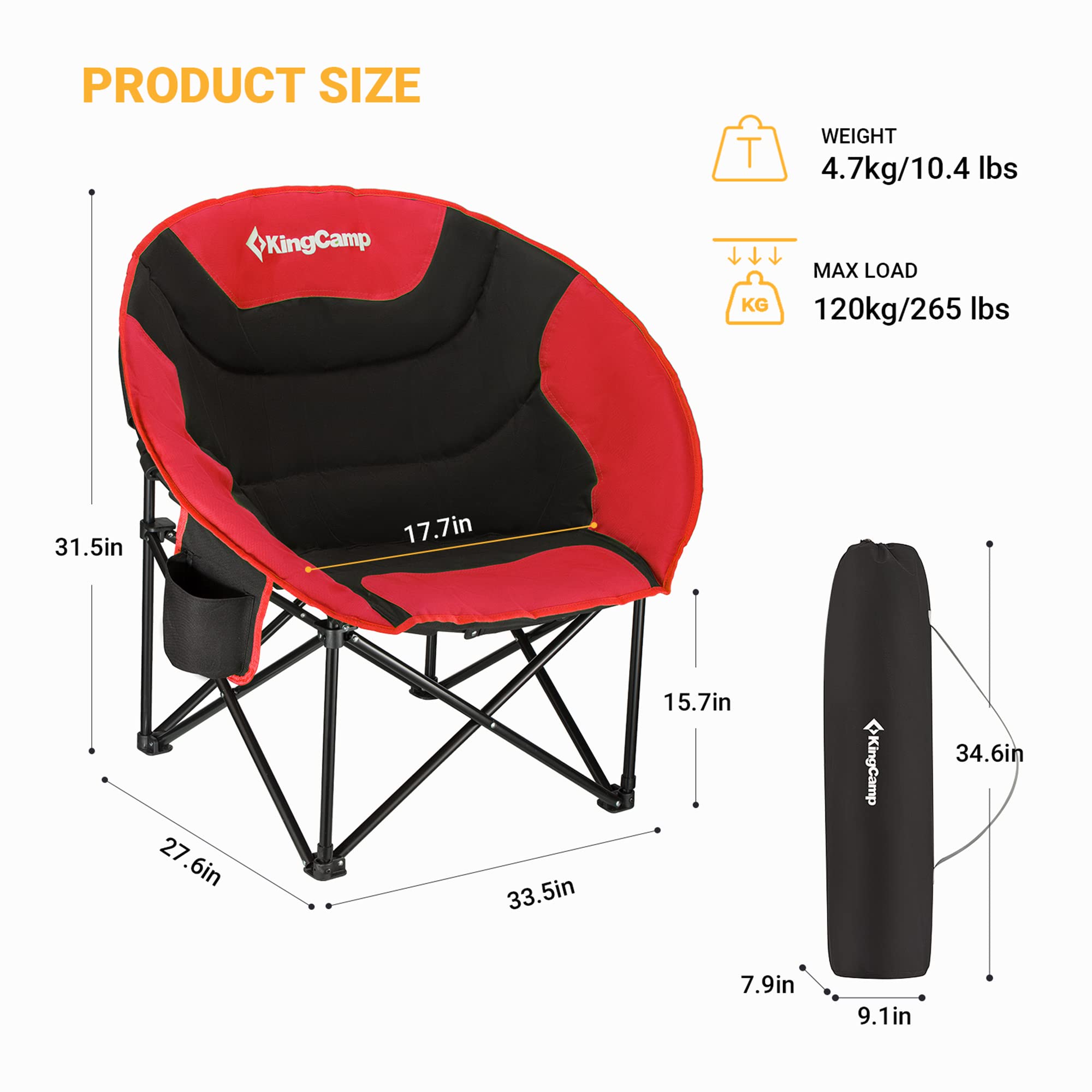 KingCamp Foldable Saucer Moon Lounge Chair with Cupholder Storage Pocket for Indoor Home or Outdoor Camping and Tailgating Use, Black/Red