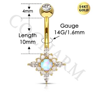 COCHARM 14k Gold Star Belly Rings 14g Diamond and Opal Solid Gold Belly Button Ring Barbell for Women