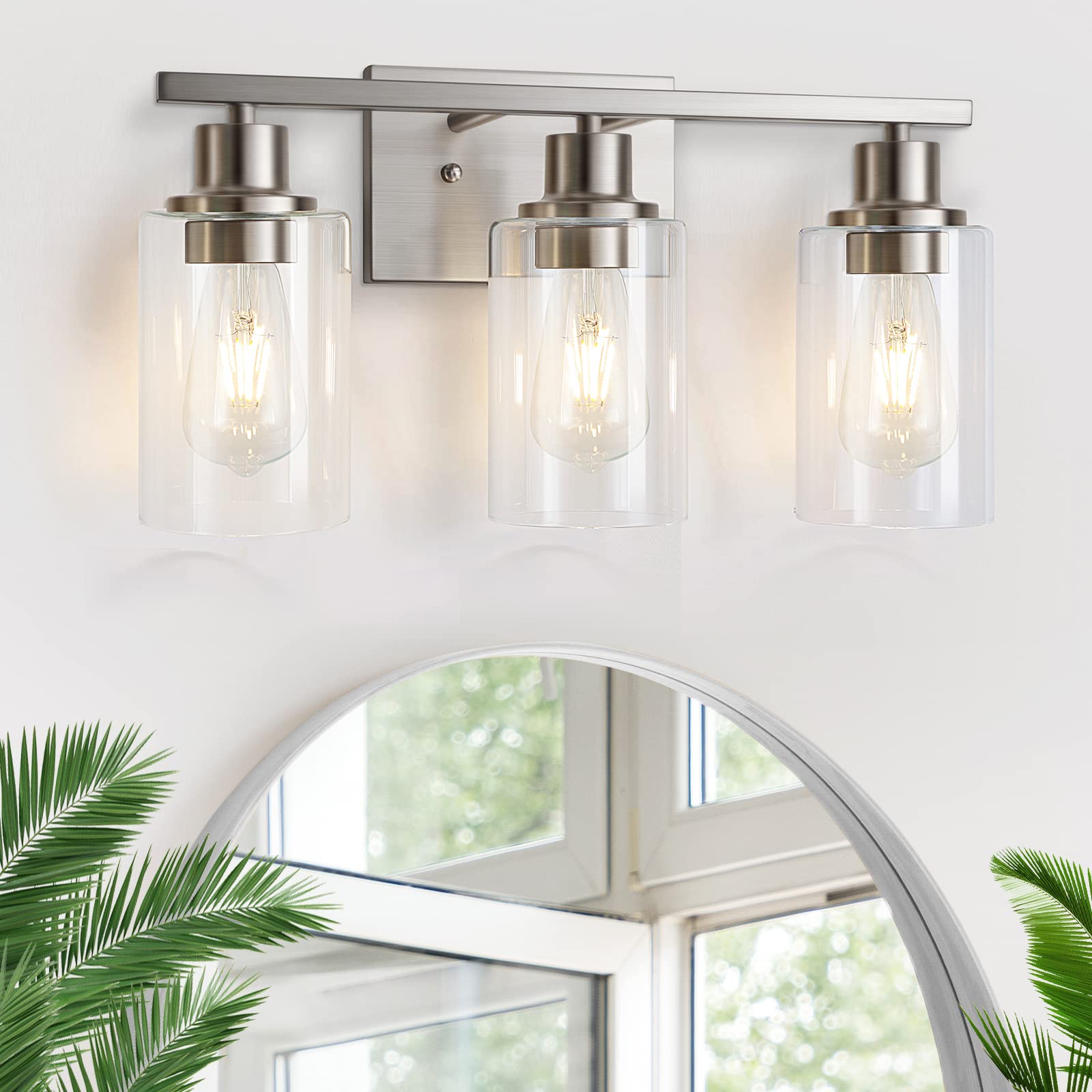 3-Light Bathroom Vanity Light Fixtures, Brushed Nickel Wall Sconce Lighting Modern Wall Light with Clear Glass Shade, Porch Wall Lamp Mounted Lights Over Mirror for Living Room, Bedroom, Hallway