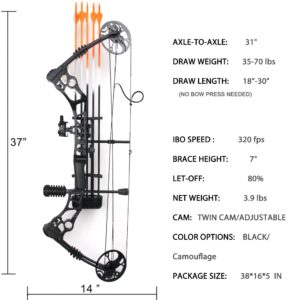 Archery Compound Bow and Arrow for Adults and Youth，Bowfishing and Hunting Bow Set, 320 fps,18"-30" Draw Length,35-70 Lbs Draw Weight, Package with Archery Hunting Equipment Black