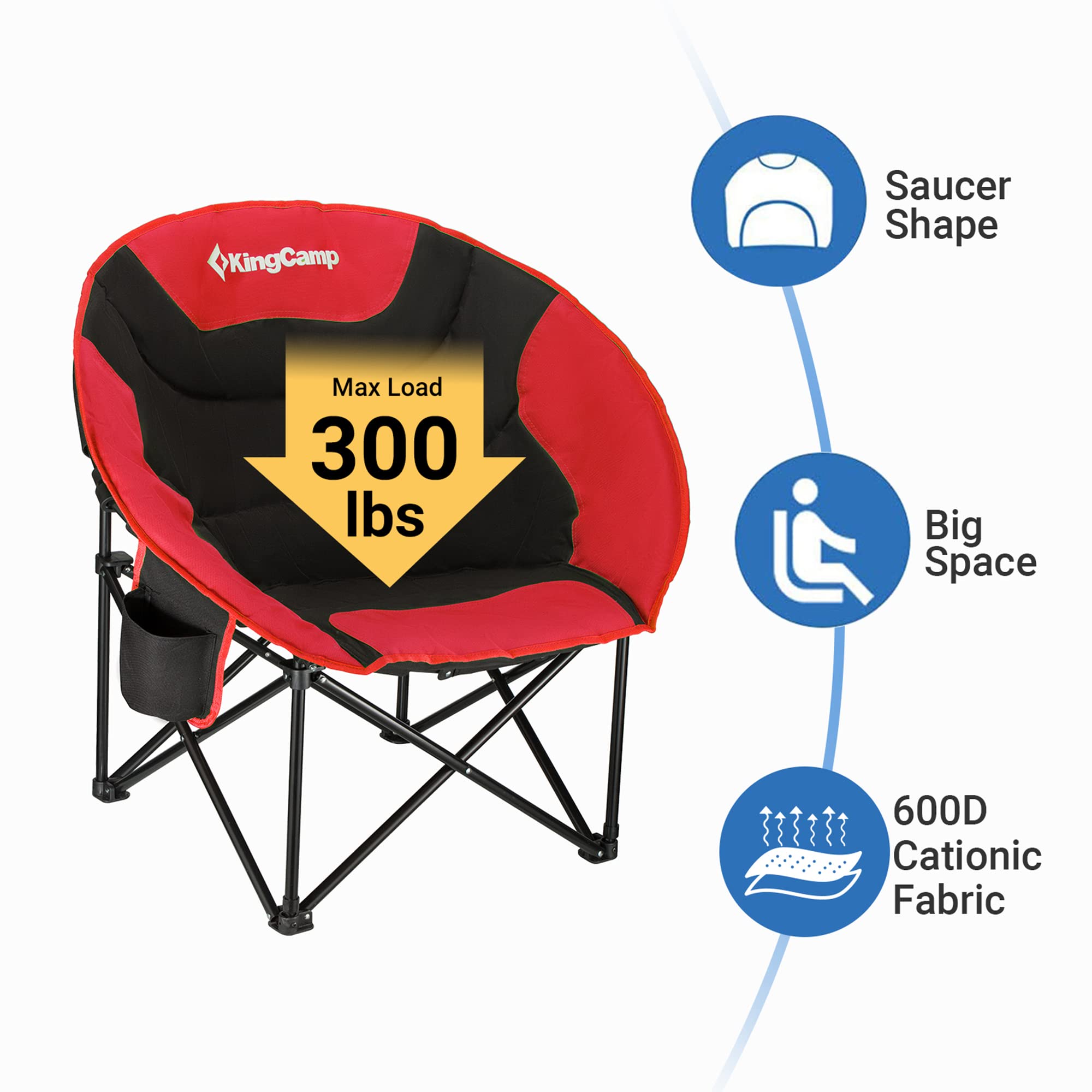 KingCamp Foldable Saucer Moon Lounge Chair with Cupholder Storage Pocket for Indoor Home or Outdoor Camping and Tailgating Use, Black/Red