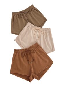 makemechic women's 3pack elastic waist knot front lounge track shorts brown apricot rust brown l