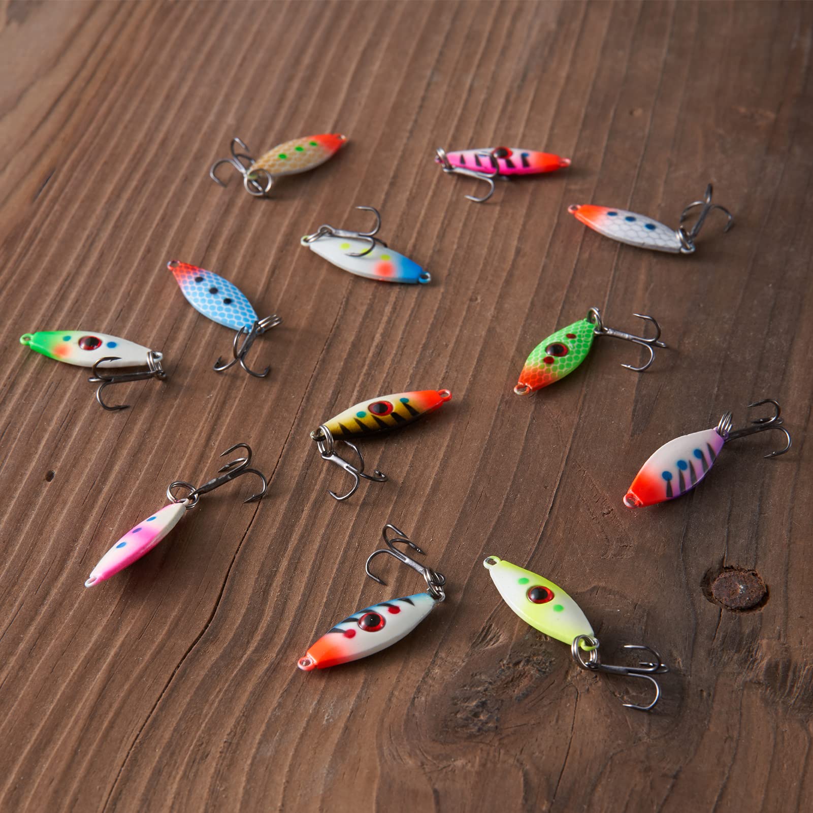 BASSDASH Ice Fishing Lure Kit Glowing Paint Jigs for Winter Ice Jigging Crappie Sunfish Perch Walleye Pike with Tackle Box (BI06-12pcs Assorted Perch/Walleye/Pike jigs)