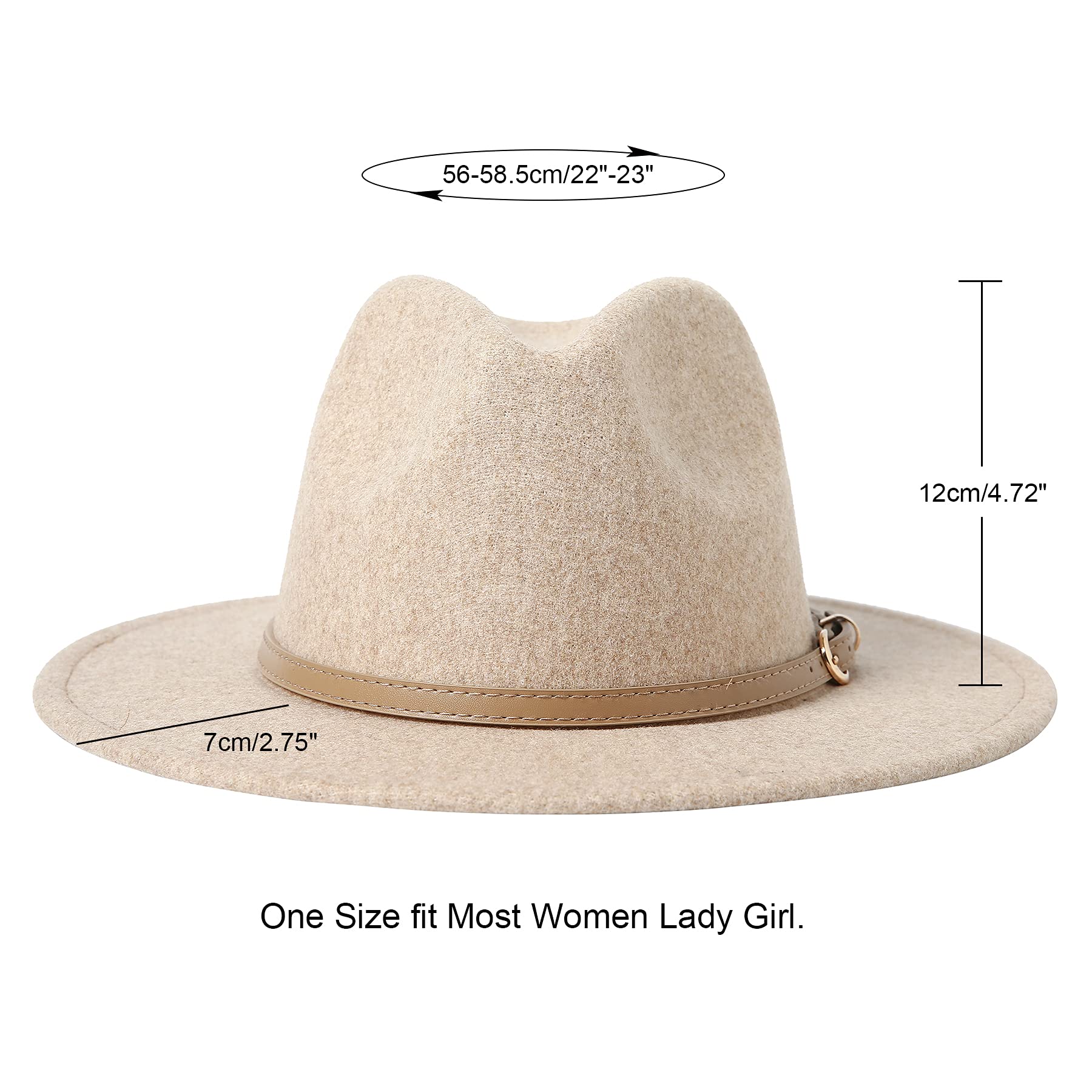 Lanzom Women Lady Classic Wool Fedora Hat Belt Buckle Wide Brim Panama Hat (01-Beige, One Size)