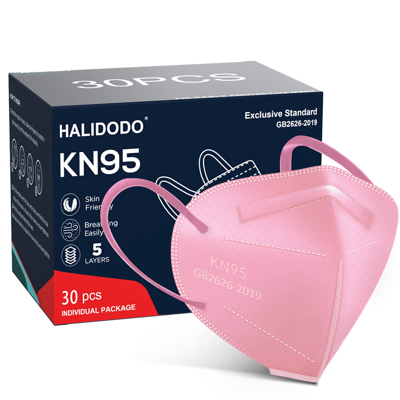 HALIDODO 30 Packs KN95 Face Mask, 5-Plyers Protection Cup Dust Face Mask, Breathable Protection Mask for Women Man, Pink