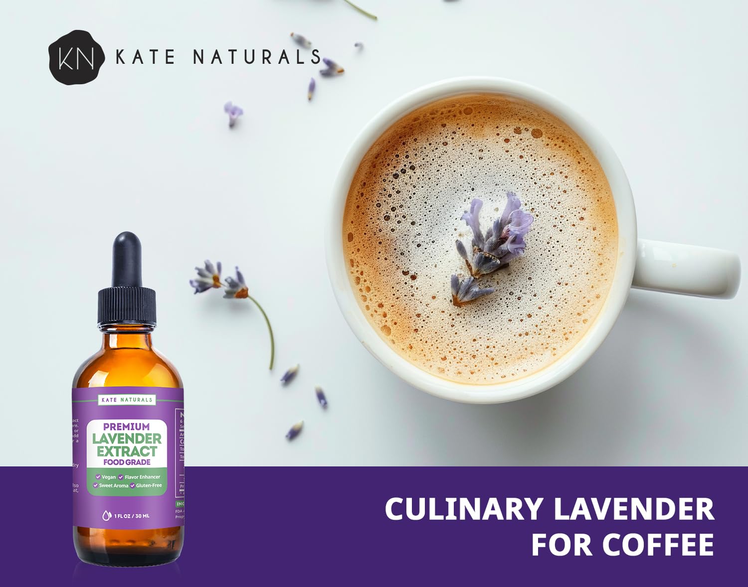 Kate Naturals Lavender Extract for Baking, Drinks, Coffee, Lattes. Food Grade Lavender Oil for Flavoring & Cooking (1oz, Sugar Free)