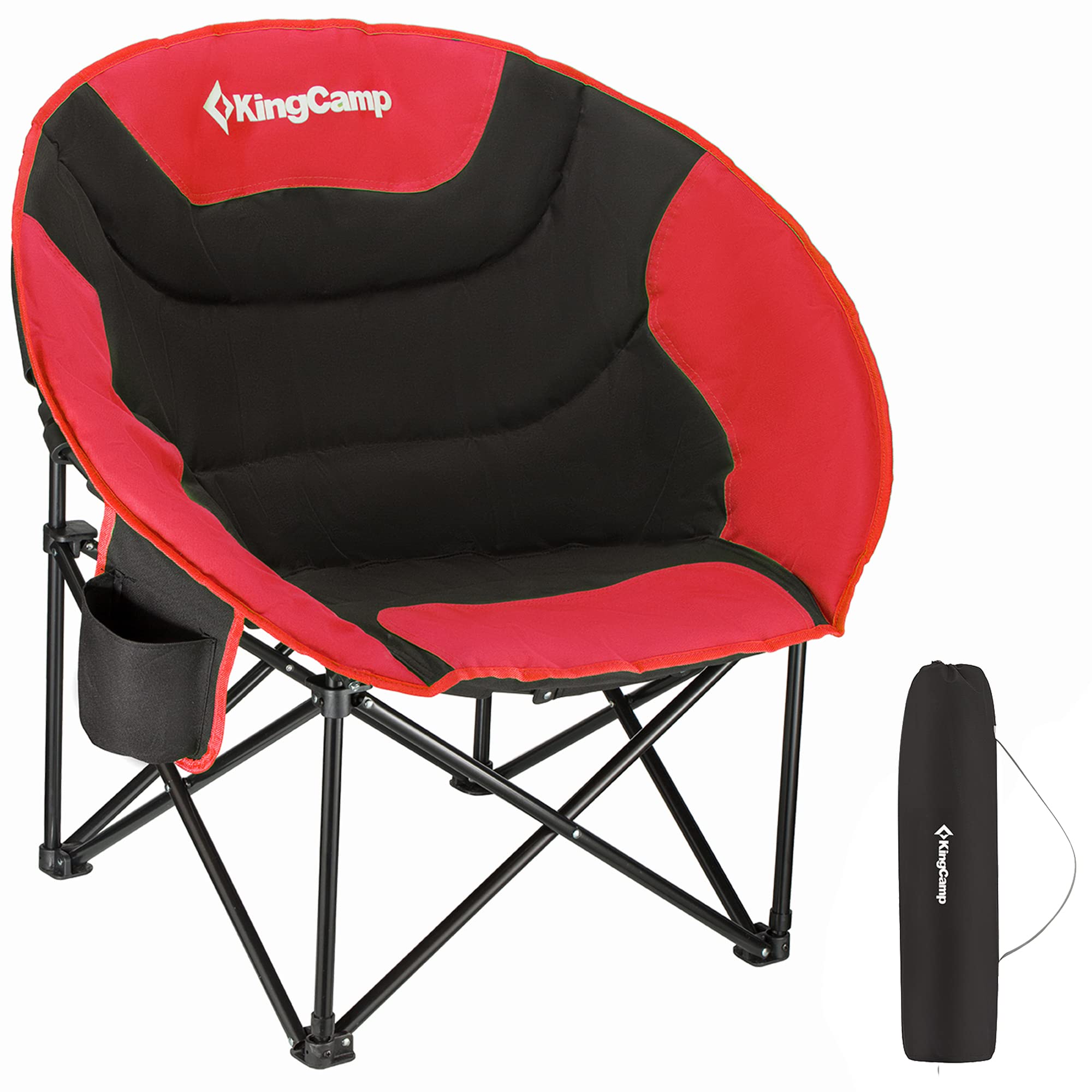 KingCamp Foldable Saucer Moon Lounge Chair with Cupholder Storage Pocket for Indoor Home or Outdoor Camping and Tailgating Use, Black/Red