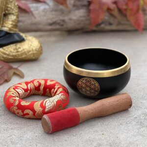 Tibetan Flower Of Life Singing Bowl Mallet Cushion Set ~ For Meditation, Yoga, Spiritual Healing and Mindfulness ~ Medium (Black)