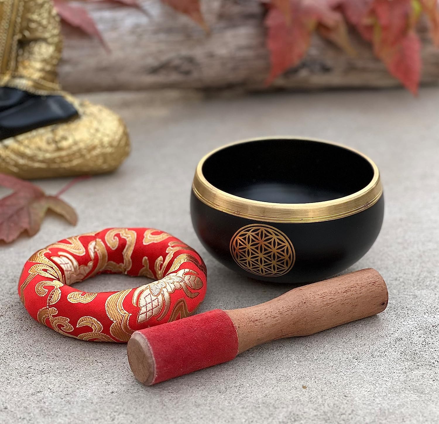 Tibetan Flower Of Life Singing Bowl Mallet Cushion Set ~ For Meditation, Yoga, Spiritual Healing and Mindfulness ~ Medium (Black)