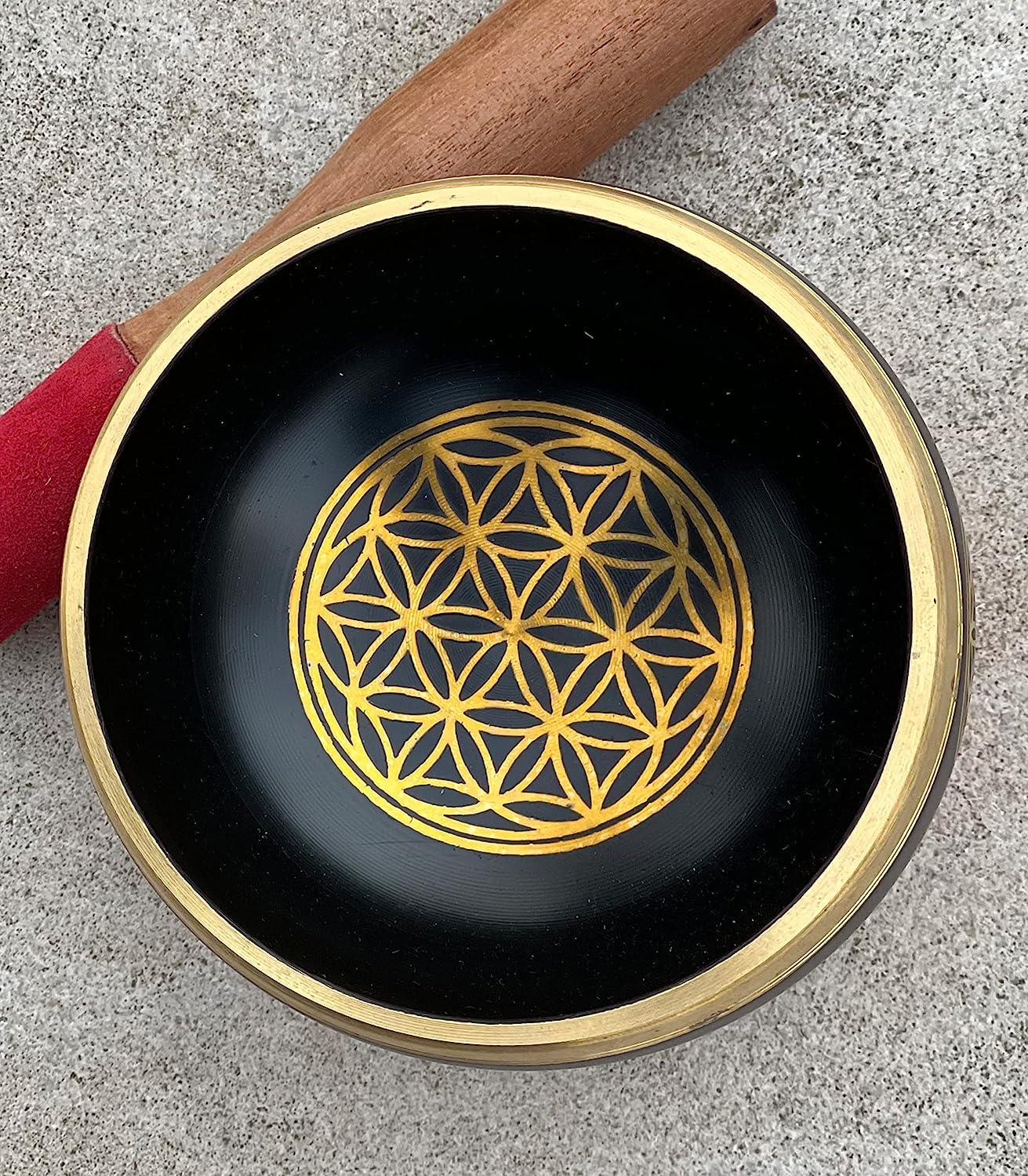 Tibetan Flower Of Life Singing Bowl Mallet Cushion Set ~ For Meditation, Yoga, Spiritual Healing and Mindfulness ~ Medium (Black)