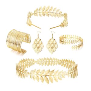 sailimue 5 pcs greek goddess costume accessories set for women golden laurel leaf crown headband armband coil bracelet leaf dangle earring bridal wedding headpiece toga party