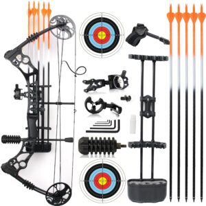 archery compound bow and arrow for adults and youth，bowfishing and hunting bow set, 320 fps,18"-30" draw length,35-70 lbs draw weight, package with archery hunting equipment black