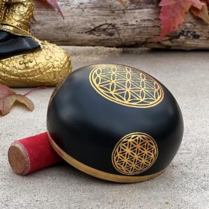 Tibetan Flower Of Life Singing Bowl Mallet Cushion Set ~ For Meditation, Yoga, Spiritual Healing and Mindfulness ~ Medium (Black)