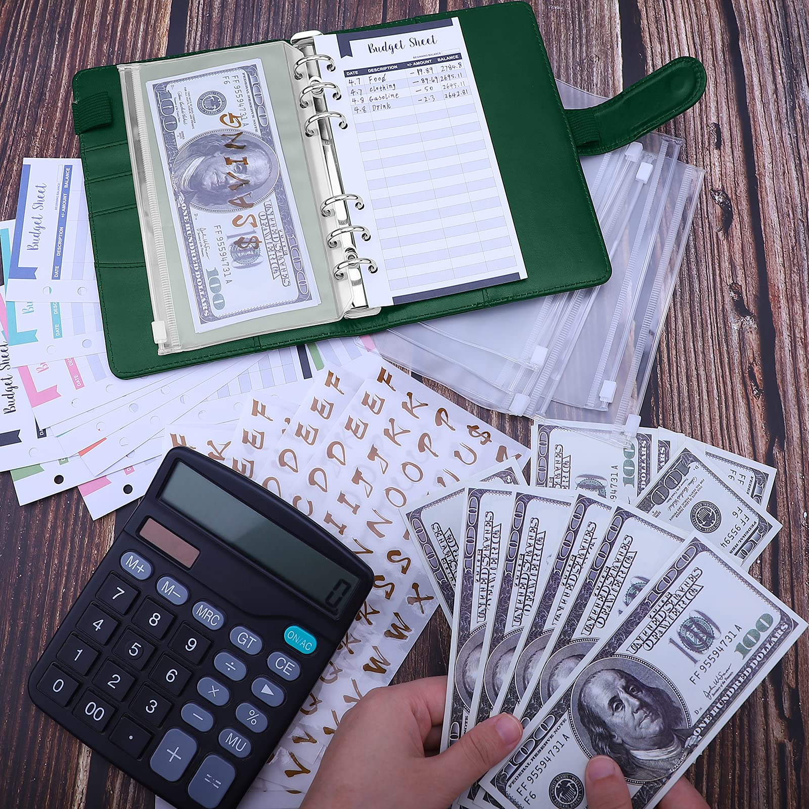 Antner A6 Budget Binder with Cash Envelopes, 8PCS Binder Pockets, 12PCS Expense Budget Sheets, A6 6-Ring Money Saving Binder Planner Organizer with Letter Stickers for Cash Budgeting, Dark Green