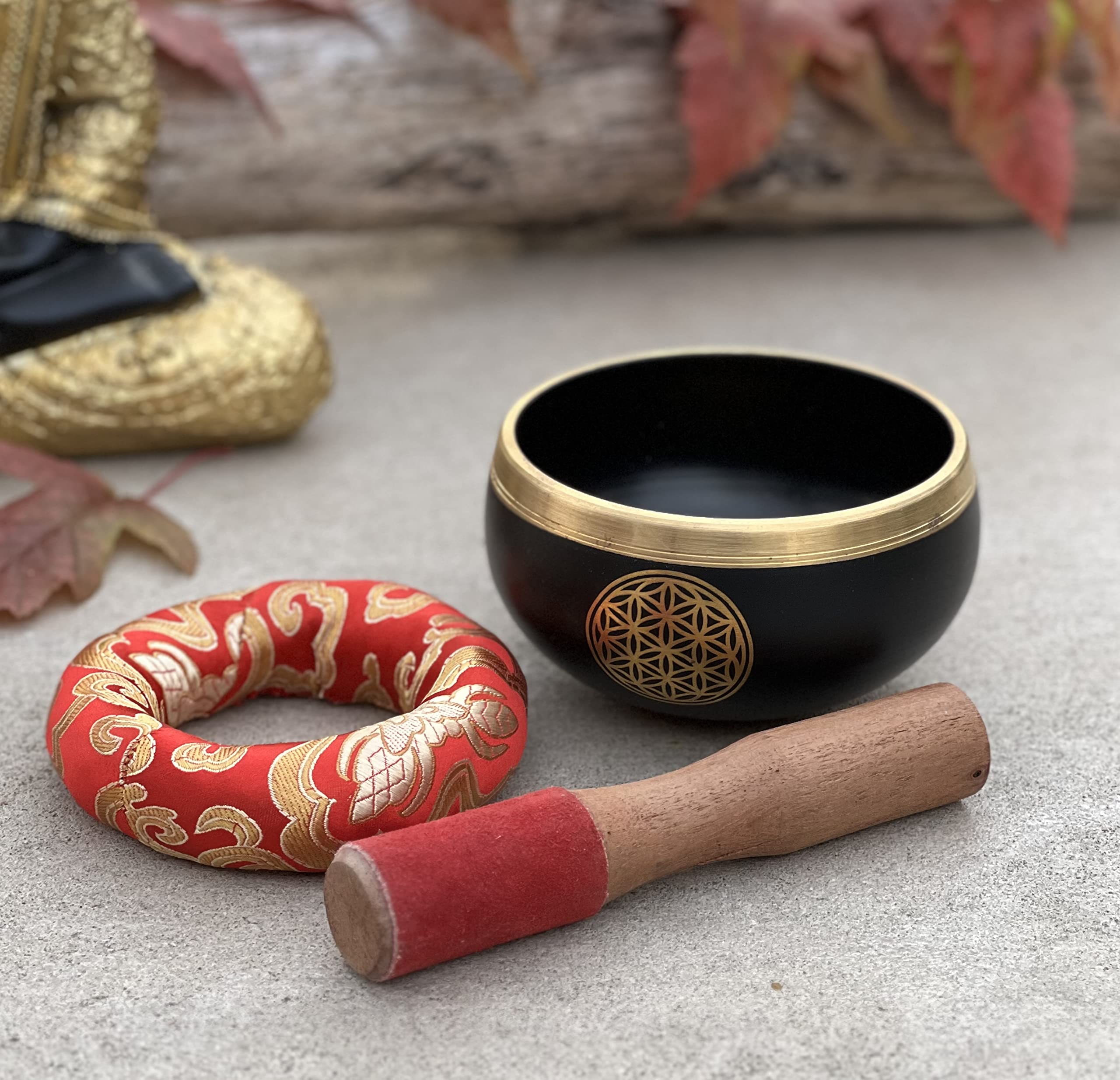 Tibetan Flower Of Life Singing Bowl Mallet Cushion Set ~ For Meditation, Yoga, Spiritual Healing and Mindfulness ~ Medium (Black)