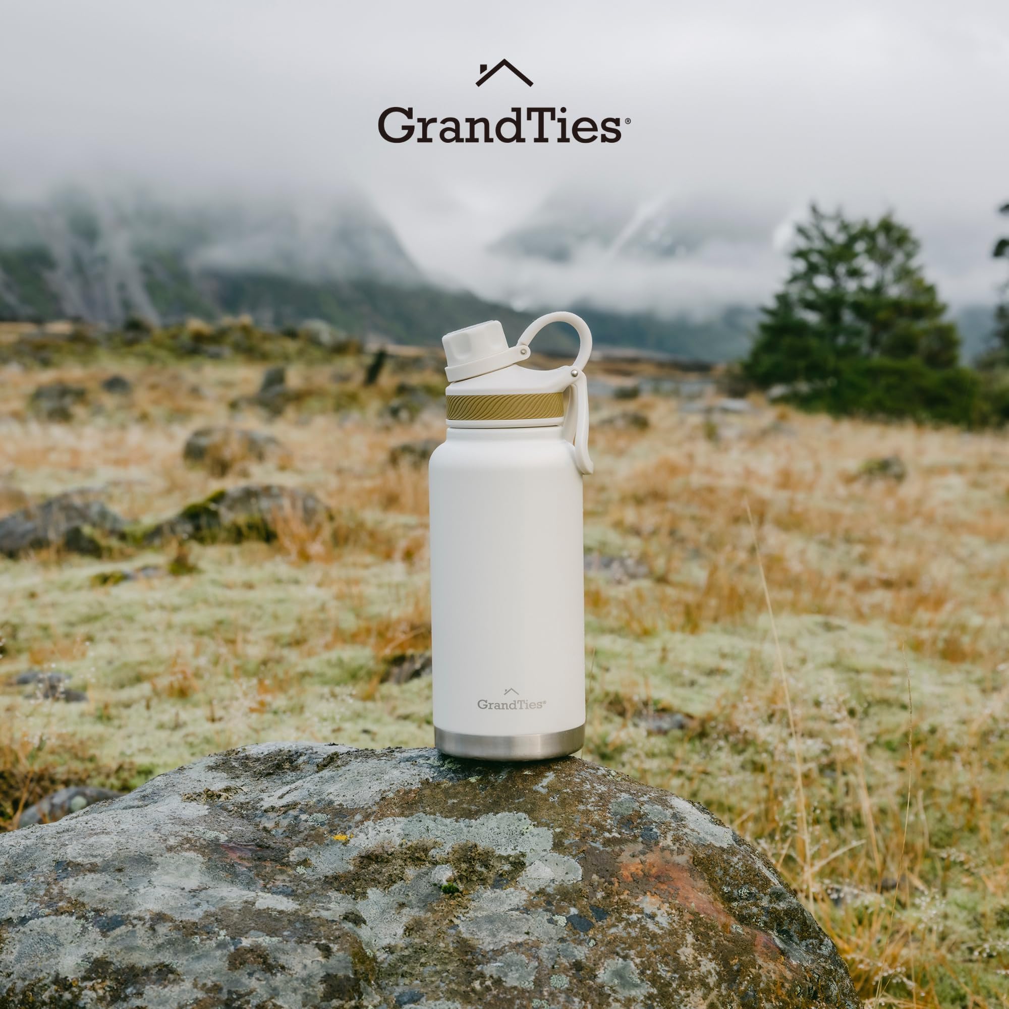 GRANDTIES 2 Lids Sports Stainless Steel Water Bottles – Wide Mouth Vacuum Insulated Reusable Leak Proof BPA-Free Travel Metal Canteen, Thermos Bottles for Men Women Gym (Ivory White 32 oz)