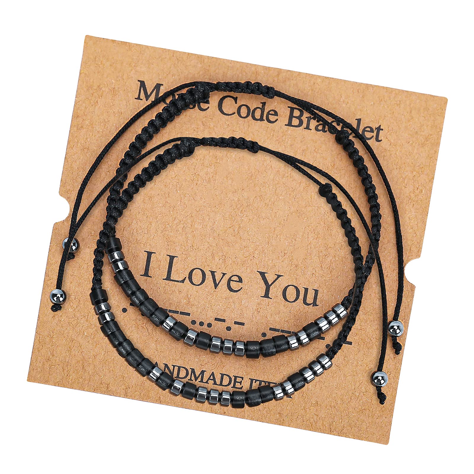 Morse Code Bracelets for Women Men, 2PCS I Love You String Adjustable Matching Bracelets Gifts for Couples Mom Daughter Best Friend Inspirational bracelets with Black Hematite Beads