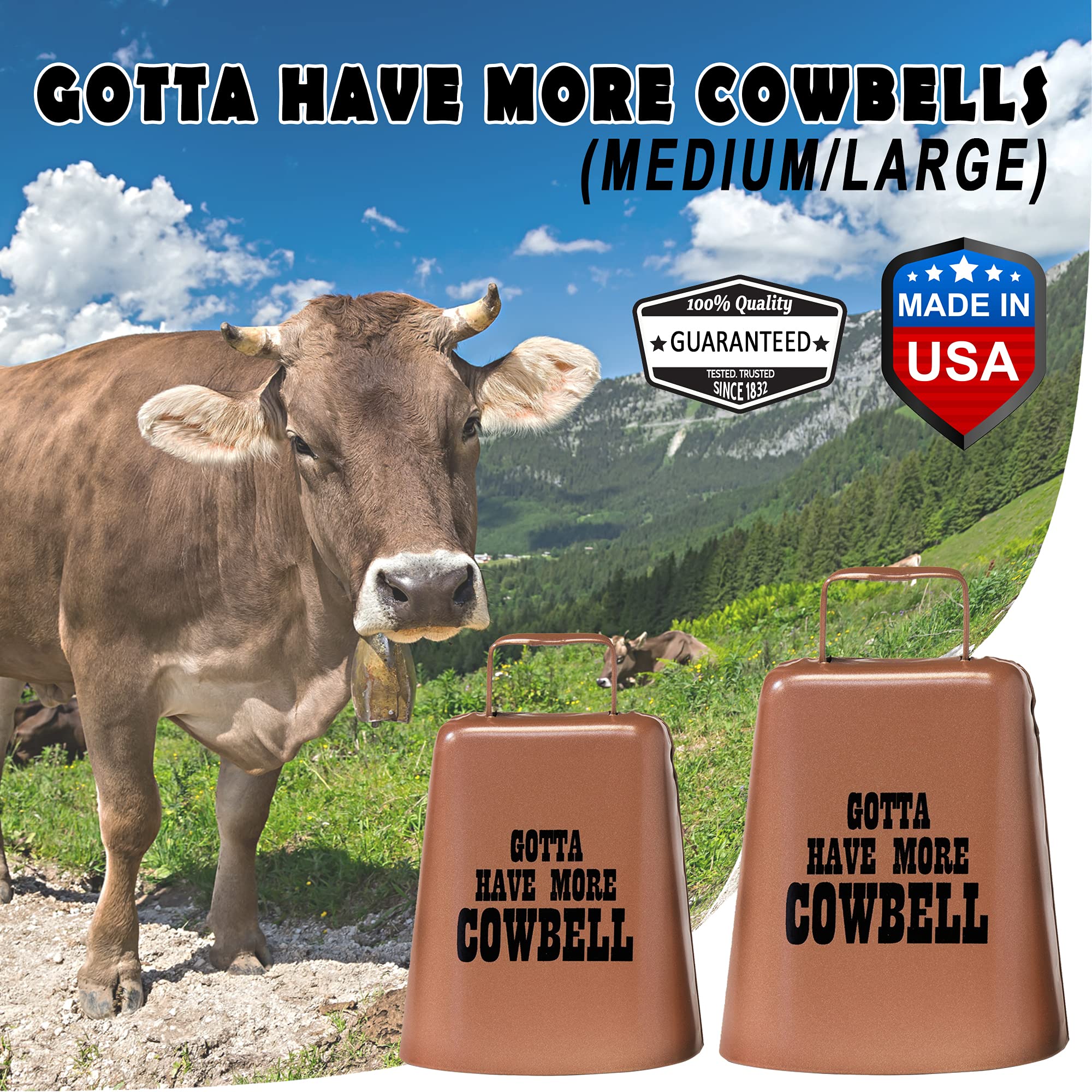 Bevin Bells "Gotta Have More Cowbell" (Medium) | Kentucky Cow Bell w/ Copper Color | Made from Steel | Loud Noise Makers w/ Handle | Made in CT, USA