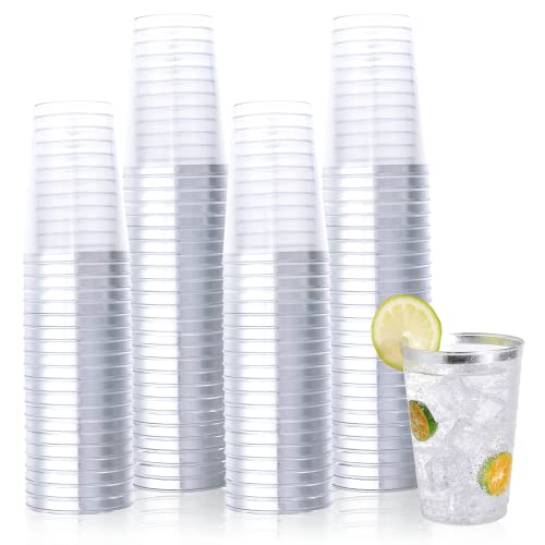 Vplus 150 Pack 12 oz Silver Rimmed Plastic Cups, Reusable Clear Plastic Cups, Disposable Heavy Duty Plastic Cups Perfect For Wedding, Thanksgiving Day, Christmas, Halloween Party Cups