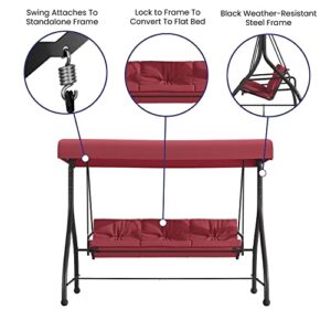 Flash Furniture Tellis 3-Seat Outdoor Steel Converting Patio Swing Canopy Hammock with Cushions / Outdoor Swing Bed (Maroon)