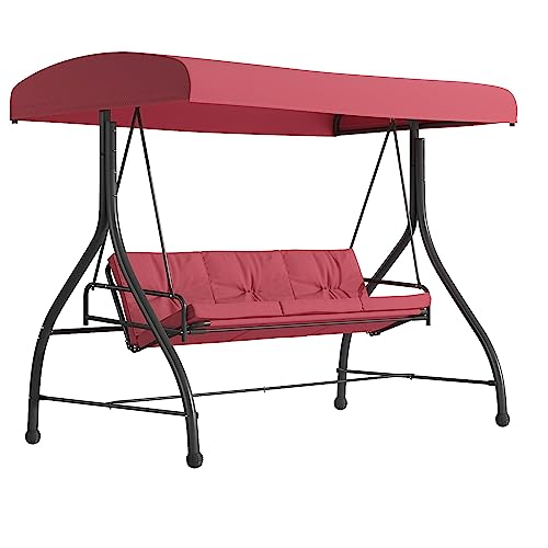 Flash Furniture Tellis 3-Seat Outdoor Steel Converting Patio Swing Canopy Hammock with Cushions / Outdoor Swing Bed (Maroon)