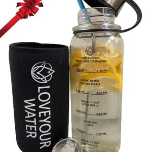 Love Yourself Wellness 40oz.Glass Water Bottle with Sleeve Motivation and Teaching times when to Drink Wide Mouth Stainless Steel Filter Attached lid Hydrating Sport Water Bottle Protective Sleeve