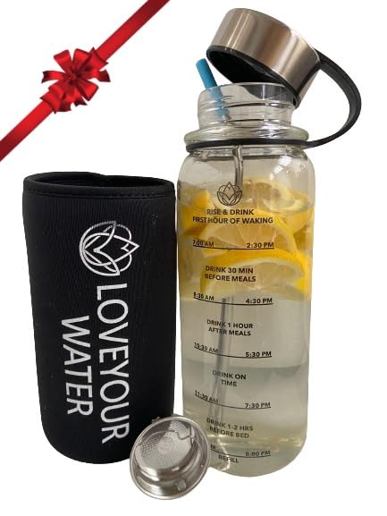 Love Yourself Wellness 40oz.Glass Water Bottle with Sleeve Motivation and Teaching times when to Drink Wide Mouth Stainless Steel Filter Attached lid Hydrating Sport Water Bottle Protective Sleeve