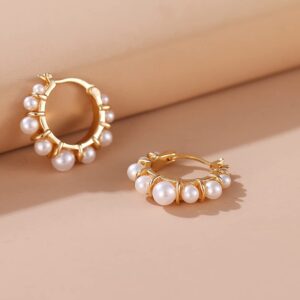 Pearl Gold Hoop Earrings for Women, 14K Plated Gold Hoop Earrings Lightweight Faux Pearl Earrings Dainty Beaded Hoops for Girls