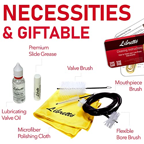 Libretto Low Brass ALL-INCLUSIVE Cleaning Kit with Instructions: Valve Oil + Slide Grease + Cleaning Cloth + Mouthpiece/Valve/Bore Brushes. A Great Gift for Tuba, Euphonium, Baritone, Sousaphone &More