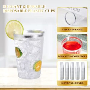 Vplus 150 Pack 12 oz Silver Rimmed Plastic Cups, Reusable Clear Plastic Cups, Disposable Heavy Duty Plastic Cups Perfect For Wedding, Thanksgiving Day, Christmas, Halloween Party Cups