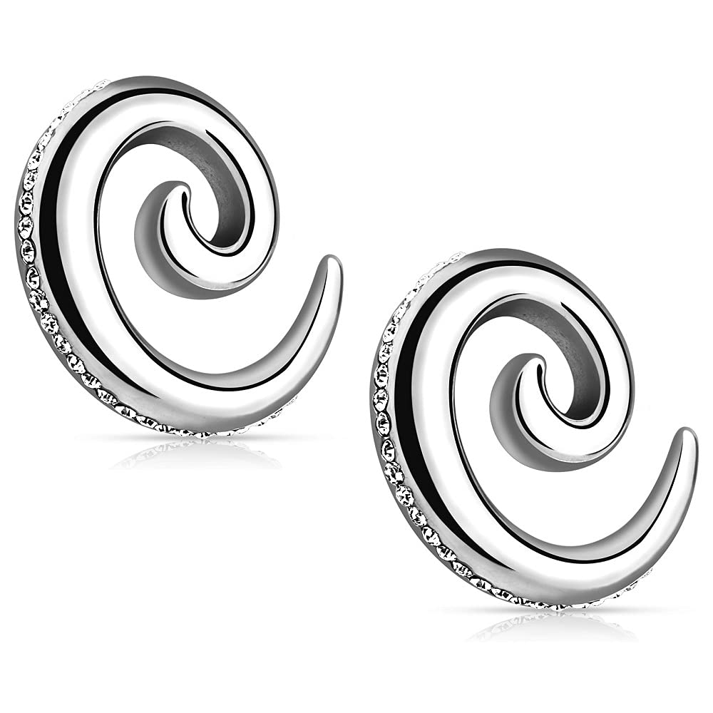 Pierced Owl 316L Surgical Steel CZ Crystal Paved Spiral Taper Plugs, Sold as a Pair (5mm (4GA))