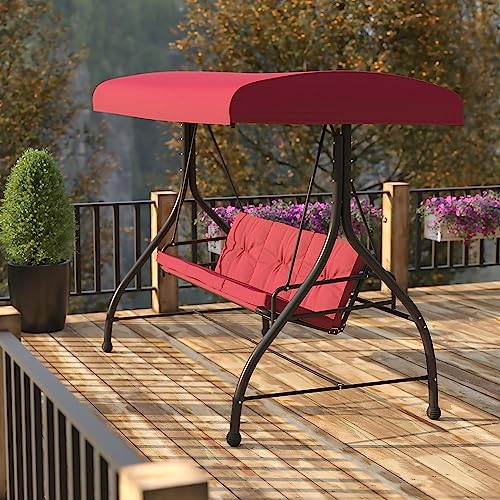 Flash Furniture Tellis 3-Seat Outdoor Steel Converting Patio Swing Canopy Hammock with Cushions / Outdoor Swing Bed (Maroon)