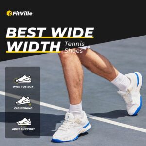 FitVille Men‘s Wide Pickleball Shoes All Court Tennis Shoes with Arch Support for Plantar Fasciitis (White, 10.5 X-Wide)