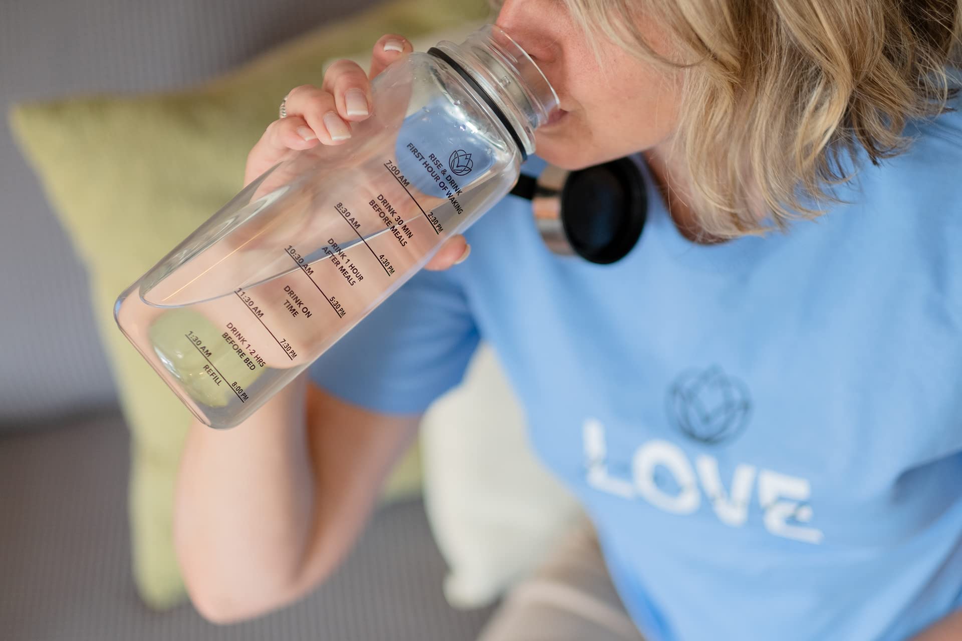 Love Yourself Wellness 40oz.Glass Water Bottle with Sleeve Motivation and Teaching times when to Drink Wide Mouth Stainless Steel Filter Attached lid Hydrating Sport Water Bottle Protective Sleeve