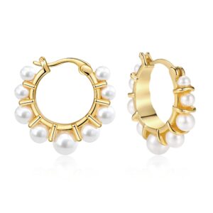 Pearl Gold Hoop Earrings for Women, 14K Plated Gold Hoop Earrings Lightweight Faux Pearl Earrings Dainty Beaded Hoops for Girls