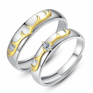 hohrayway s925 sterling silver deer antlers ring for couples promise wedding rings his and her matching rings set adjustable rings custom engrave rings